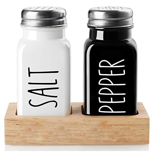 Salt and Pepper Shakers Set with Holder - Dopeca Glass Salt Shaker with Wood Caddy for Kitchen Counter or Table - Black and White Kitchen Decor and Wedding Gifts -2.7 oz