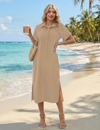 Image of HOTOUCH Womens Dress Summer Casual Midi Short Sleeve Button Down Shirt Dresses Loose Beach Cover Up with Pockets