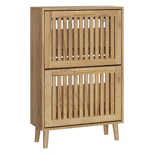 Smart FENDEE Armoire à chaussures avec 2 tiroirs à lattes pliables - En bois avec poignée dorée - Entrée cachée - Organiseur de chaussures pour couloir,...
