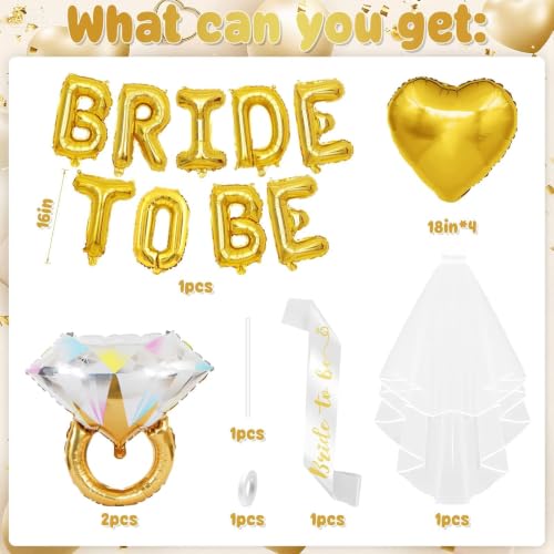 Image of Gold Bachelorette Party Decorations, Gold Bride to Be Banner Heart Balloons with Diamond Ring Foil Balloon, Bride to Be Sash&Veil for Bachelorette Engagement Gift Bridal Shower Party Supplies