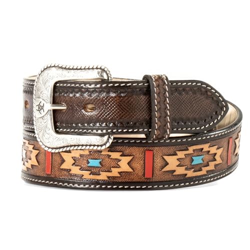 ARIAT Men's Hand-Painted Southwest Pattern Leather Belt with Floral Engraved Antique Silver Buckle