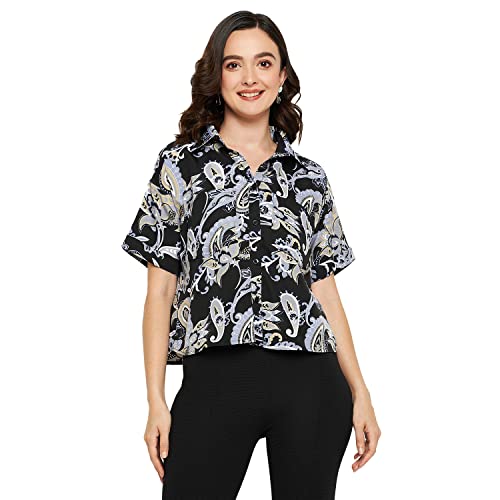 Image of Fashfun Women's Shirt (Floral Pink Crepe Top with Mandarin Collar & Full Sleeve)