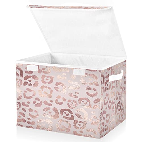 Mnsruu Storage Boxes with Lids, Rose Gold Leopard Print Pink Large Storage Basket Organizer Shelves Cube Bin Toy Clothes Underbed