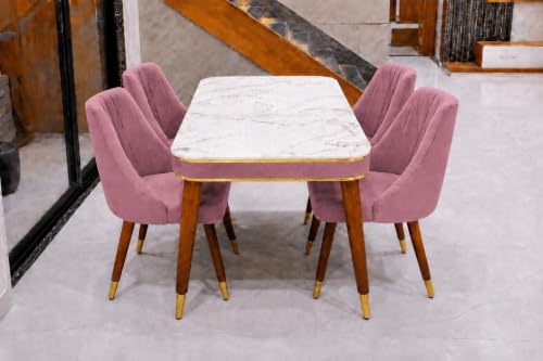 Image of WOODEN SPACE 4 Seater Wooden Dining Table Set | Urban Marble Top Dining Table with Chairs for Dining Room & Kitchen (Modern Frontline Dark Pink) (54 x 36 x 30 inch)