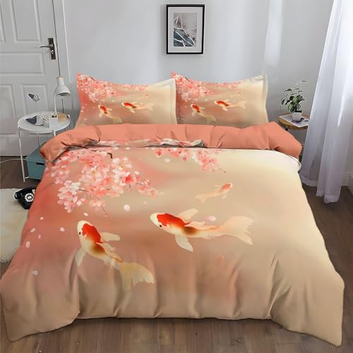 Housse de Couette 90x190 cm Réversible Branche de cerisier et carpe koï orientale Rose corail, Parure de Lit 1 Personne en Microfibre Douce avec Fermeture...