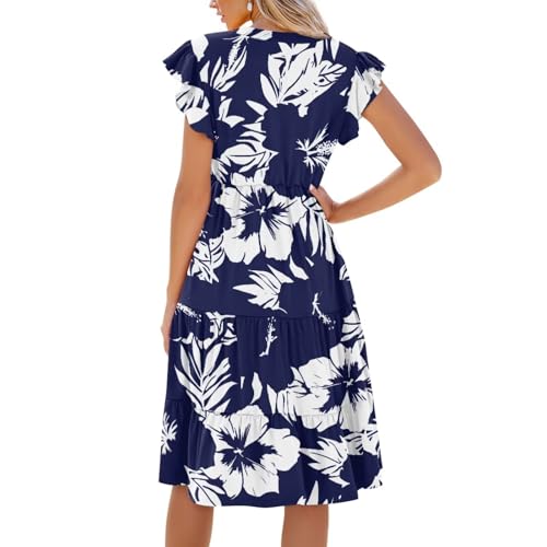 Image of Womens Summer Dress Ruffle Sleeve V Neck Dress Casual Fit Flowy Beach Vacation Sundress with Pocket S-2XL
