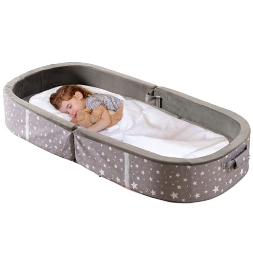 BYBYME Portable Waterproof Crib Floor Bed Toddler Travel Bed with Mattress, Washable Fitted Sheet Foldable Travel Cot Grandpa Grandma, Charcoal