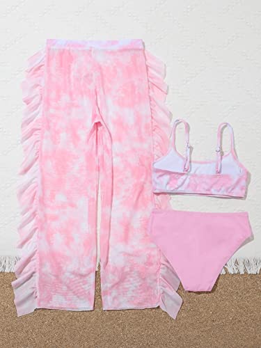 Image of OYOANGLE Girl's 3 Piece Bikini Sets Tie Dye Spaghetti Straps Wireless Swimsuits with Ruffle Trim Cover Up Pants