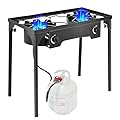 Goplus Outdoor Camping Stove, Dual Burner Propane Gas Cooker w/Detachable Legs & 0-20 PSI Regulator & CSA Approval for Camp Paito RV, Cast Iron, 150,000-BTU