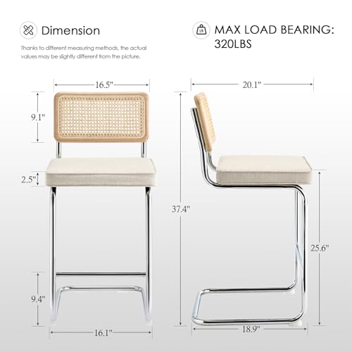 Image of Zesthouse Natural Rattan Counter Stools Set of 2, 26'' Modern Counter Height Barstools, Thin Linen Bar Stools with Solid Wood Back, Mid Century Cantilever Bar Chairs for Kitchen Island, Beige Grayish