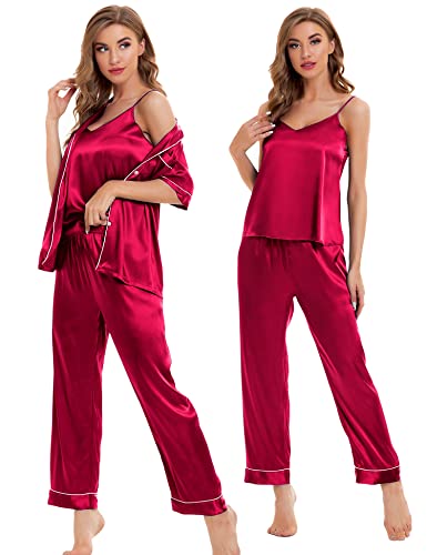 Image of SWOMOG Womens Silk Satin Pajamas Sets 4pcs Sleepwear Sexy Cami Shorts Set and Button Down Short Sleeve Pjs Loungewear