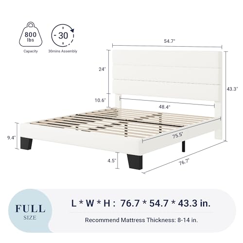 Allewie Full Size Platform Bed Frame with Velvet Upholstered Headboard and Wooden Slats Support, Fully Upholstered Mattress Foundation/No Box Spring Needed/Easy Assembly, White
