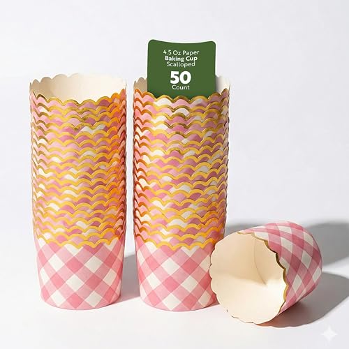 Restaurantware 4.5 oz Pink Plaid Scalloped Paper Baking Cups, 50 Ct