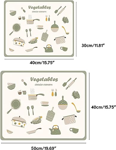 Image of DRAKIO Dish Drying Mat for Kitchen Counter | Absorbent Rectangular Countertop Drying Pad with Printed Utensil Design | Non-Slip Surface Mat for Dishes, Cups & Kitchen Accessories