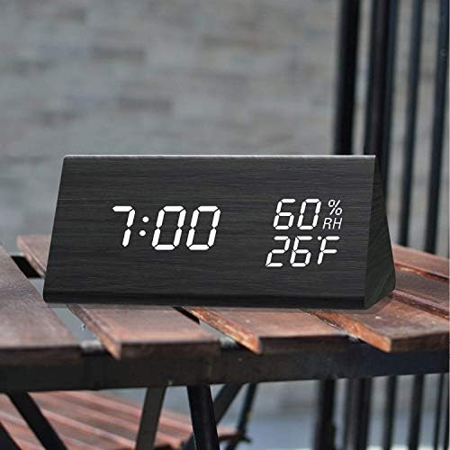 Digital Alarm Clock, with Wooden Electronic LED Time Display, 3 Alarm Settings, Humidity & Temperature Detect, Wood Made Electric Clocks for Bedroom, Bedside (Black)