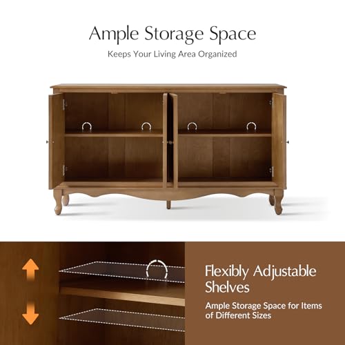 HULALA HOME Sideboard Buffet Cabinet with Storage, 58" Kitchen farmhouse Wood Credenza Storage Cabinet with 4 Doors and 2 Shelves, Accent Console Table with Solid Wood Legs & Adjustable Shelves, Acorn - Image 4
