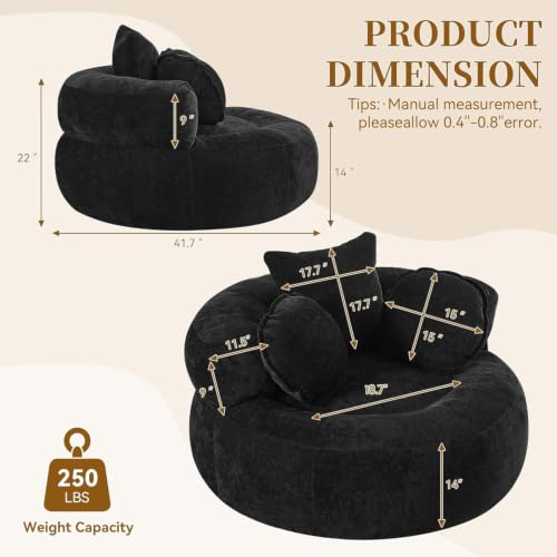 Image of WUTUTUEE Round Oversized Chair Floor Sofa Chair, Chenille Compressed Circle Chaise Lounge, No Assembly Boneless Barrel Chair, Lazy Bean Bag Couch Accent Chair for Living Room, Bedroom, Dorm,Black