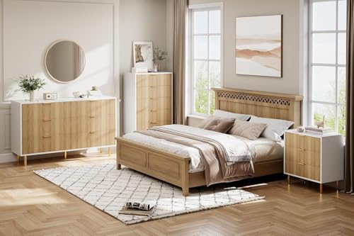 Image of IDEALHOUSE Natural Dresser, Modern 6 Drawer Dresser for Bedroom with Gold Handle and Large Drawer, Wood Double Chest of Drawers and Storage Organizer for Living Room, Hallway, Entryway