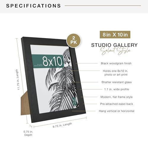 MCS Studio Gallery 8x10 Picture Frame Black Woodgrain, Vertical & Horizontal Wall Hanging & Easel for Tapletop Display, Rectangle Photo Frame for Photos, Posters & Art Prints (2-Pack)