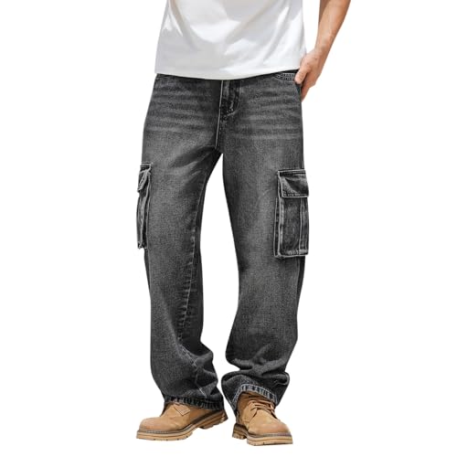 Generiska jeansbyxor herr baggy: Denim byxor med många fickor jeans överdimensionerade jeans ventilerande slip-on byxor lätta fritidsbyxor slitstarka utomhusbyxor klassiska bekväma stretchjeans, GRÅ
