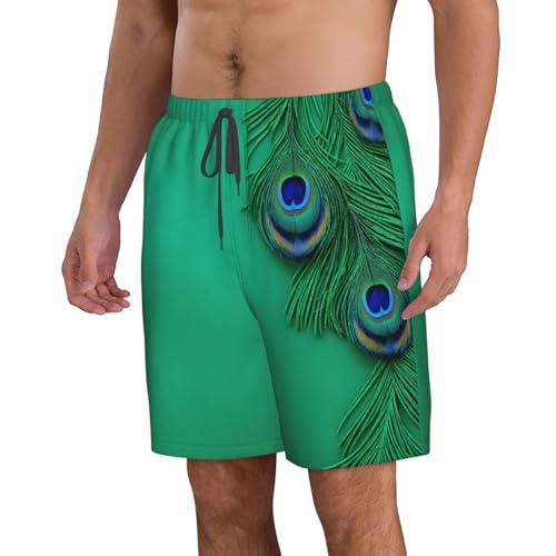 Green Peacock Feather Print Stylish Beach Shorts Swim Trunks Lightweight Breathable Summer Outdoor Activities2