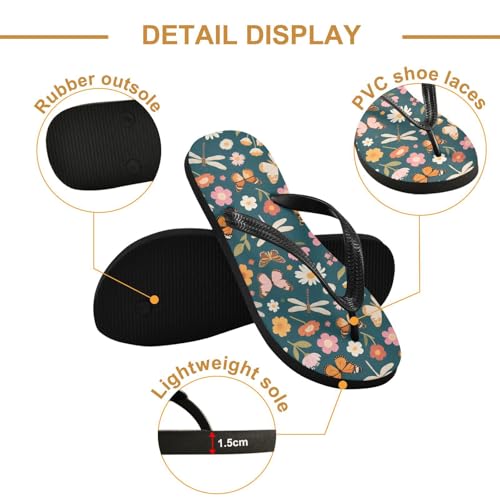 ALAZA Dragonfly Butterfly Flowers Flip Flops for Women Fashion Beach Slippers Comfort Mens Flip Flops Non-Slip Rubber Shower Slippers Sandal for Hotel Travel Sport,XS3