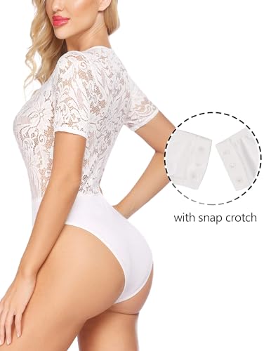 Image of Avidlove Women Lace Bodysuit Lingerie Tops Sexy Deep V Bodysuit Tops One Piece Body Suit Short Sleeve S-XXXL