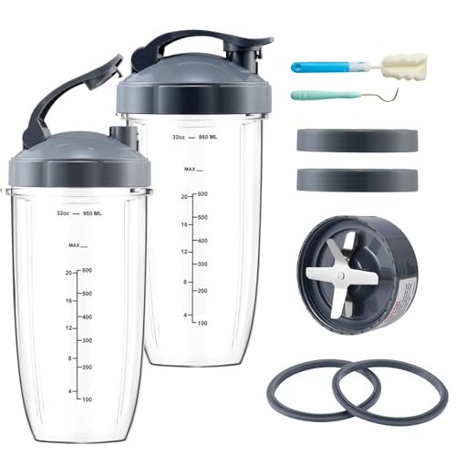 Bestdin Blender Replacement Parts - 11 Pcs Blender Cups & Blade Replacement Set for NutriBullet 600W/900W, 2 Large 32oz Cups with 2 Flip-Top to-Go Lid, 2 Lid Ring & Premium Extractor Blade, 2 Gaskets