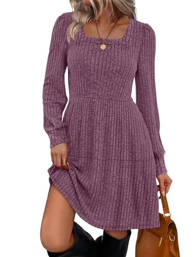 Image of Sampeel Womens Square Neck Long Sleeve Fall Dresses Casual Babydoll Sweater Dress