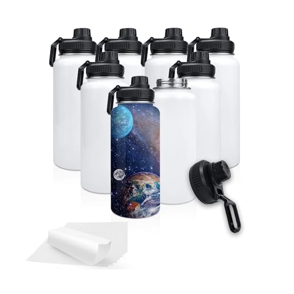 32oz Stainless Steel Sublimation Sports Water Bottle,Insulated Thermos Mugs with Shrink Wrap Films and Wide Mouth Lid,Double Wall Vacuum Tumbler Keeps Liquids Hot or Cold (White 8 PACK)