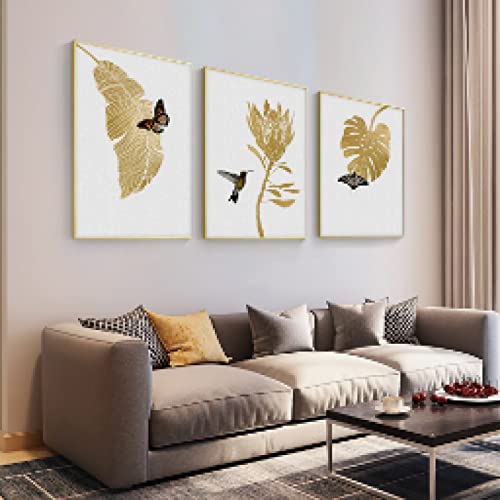 Peinture moderne nordique feuilles d'or et papillons 60x90cm
