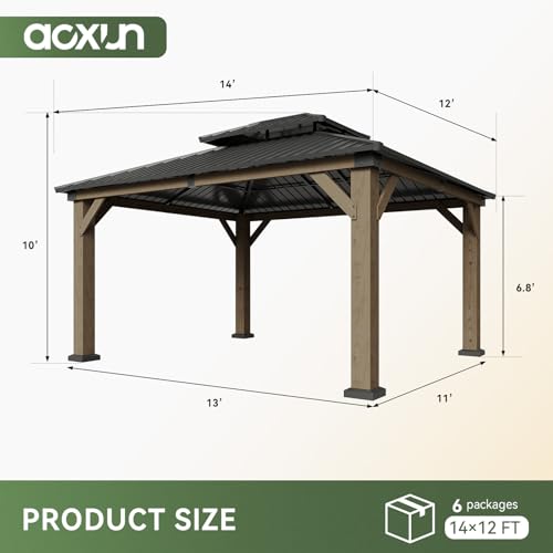 Image of Aoxun 12' x 14' Outdoor Wood Gazebo, Hardtop Gazebo Permanent Wooden Pavilion with Galvanized Steel Double Roof, for Patio, Garden, Deckyard, Cedar Wood, Grey