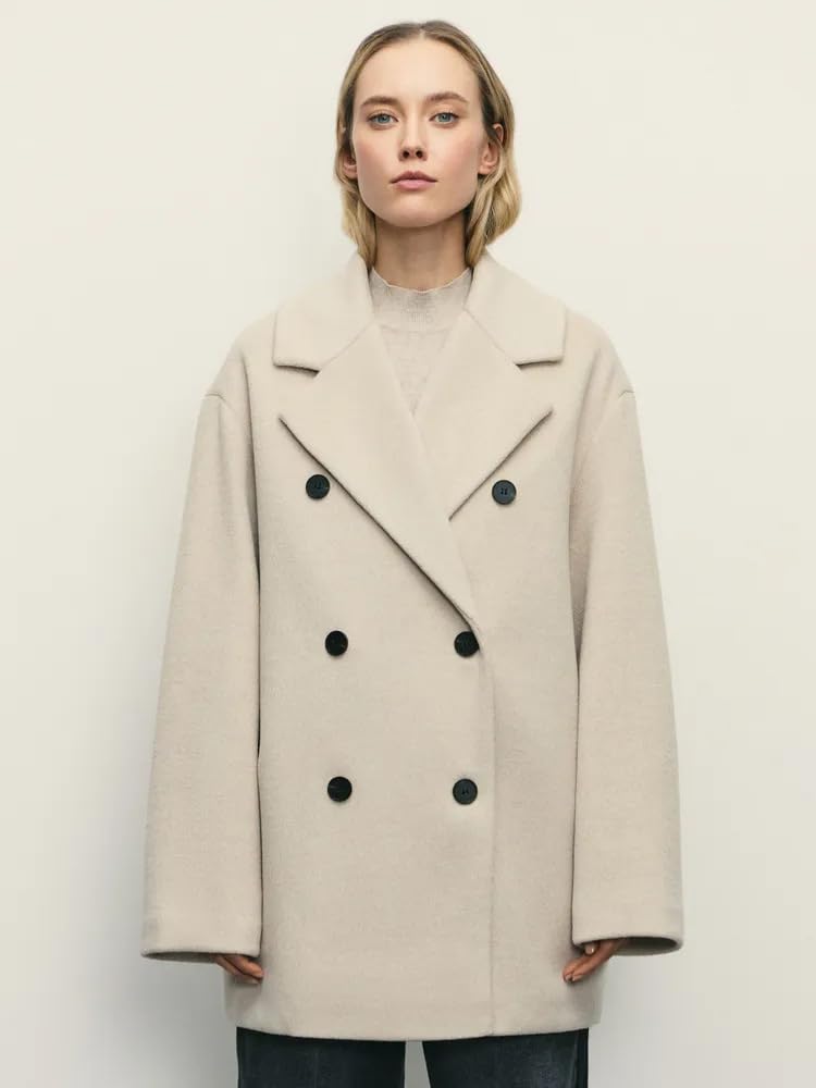 Cappotto Doppiopetto In Lana da Donna, con Ampio Revers, per Autunno e Inverno