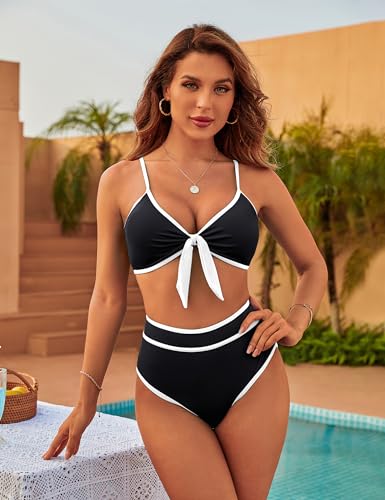 Blooming Jelly Womens High Waisted Bikini Set Colorblock Two Piece Swimsuits Bathing Suits (Large, Black)