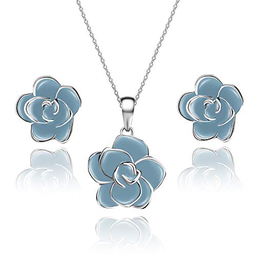 Rose Flower Necklace Earrings Set for Women 18K Gold Plated Hypoallergenic Jewelry Sets (Light Blue/Silver-tone)