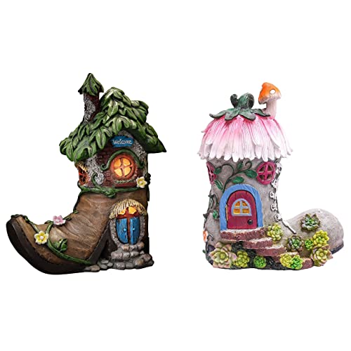 Fairy Garden Value Bundle (2Pcs) | 8.8 Inch & 8.5 Inch Solar Light Boot Fairy House Garden Sculptures Statues, Outdoor Cottage Figurines For Patio Lawn Yard Porch Decorations (Outdoor Paradise) #TOP9