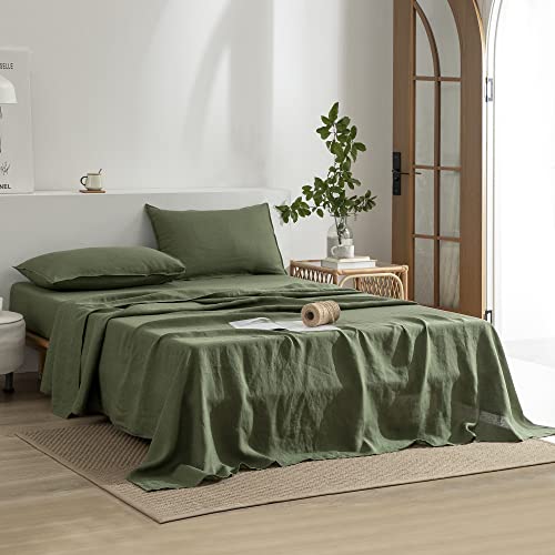 EVERLY Linen California King Size Sheets Set, 100% Stonewashed French Linen Bed Sheets Deep Pocket Sheets, 4 Pieces (1 Flat Sheet, 1 Fitted Sheet, 2 Pillowcases) Natural Flax Bedding Set-Mossy Green