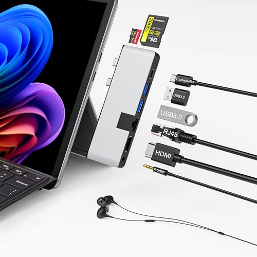 Surface Pro 12 2025 Hub USB C, Surface Pro 12 Docking Station avec HDMI 4K, Thunderbolt 4 (vidéo 8K + données + PD 100 W), 2 Ports USB 3.0, Prise Audio 3,5 mm, 1 Port Ethernet 100 M, SD/TF