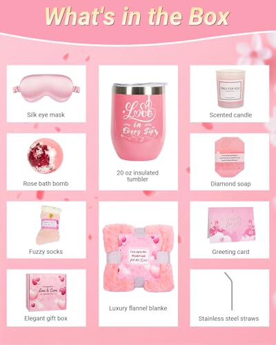 Women Relaxing Spa Gift Basket, 10 Rose Scented Candles, Eye Mask & Blanket, Ideal Birthday Get Well Holiday Present For Ladies — view 2