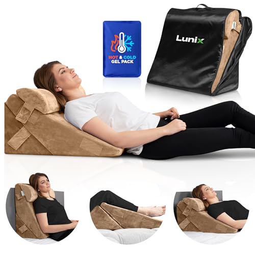 Image of Lunix LX6 3-Piece Compact Support for Reading, Rest & Leg Elevation, Premium Odor-Free Orthopedic Bed Wedge Pillow Set, Memory Foam, Washable Cover, Almond Brown