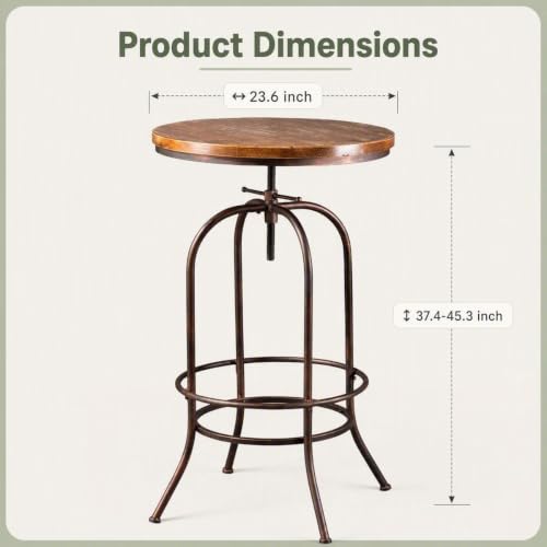BOKKOLIK Vintage Bar Table Swivel Industrial Style Pub Table Kitchen Dining Tables Height Adjustable 37.4-45.3inch Coffee Table with Footrest - image 3