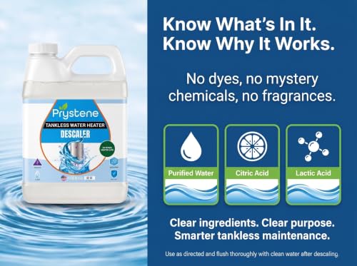 Image of Tankless Water Heater Descaler Liquid 32 Oz - Removes Limescale, Restores Hot Water Pressure and Heating Efficiency - Food Grade Citric and Lactic Acid - Made in USA