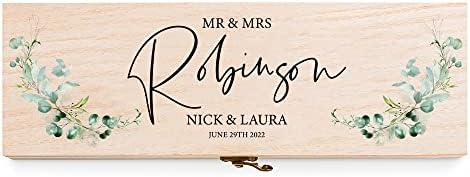 Personalised Wooden Wine or Champagne Box Wedding Keepsake Gift Eucalyptus Design