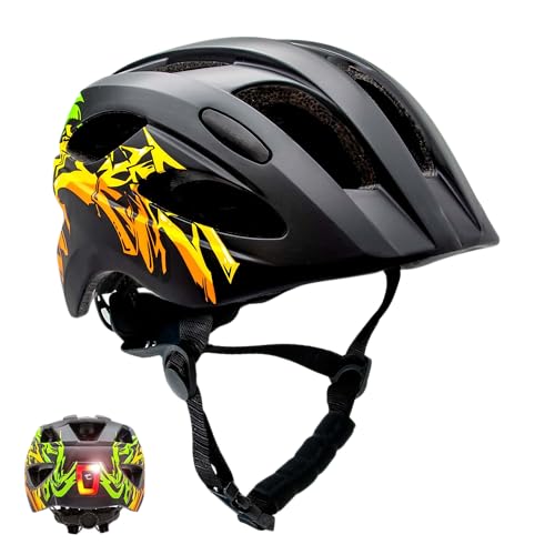 Crazy Safety Casco Bicicleta Niños | Casco para Niño de 6-12 Años Casco de Skate, Ciclismo, MTB, Patines, monopatín | Luz Trasera Recargable USB | Casco Ajustable 54-58 cm (Negro/Amarillo)