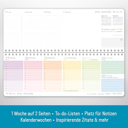 Häfft® Wochen-Tischkalender 2026 quer mit Aufsteller \Rainbow\ 1 Woche 2 Seiten, Schreibtisch-Kalender mit Sprüchen, Wochenkalender 29,7 x 11,6 cm - nachhaltig & klimafreundlich