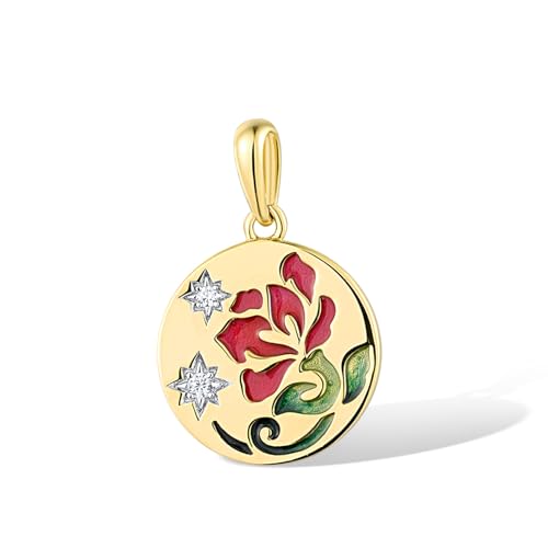 Santuzza Sterling Silver Enamel Rose Pendant White Cubic Zirconia Red Flower Pendant for Women