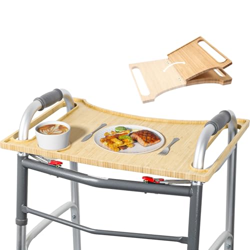 Walker Tray Table with Cup Holder Mobility Table Tray for Folding Walkers Foldable, Portable Multipurpose Bamboo Tray for Eating, Crafts, Laptops Medical Equipment Accessories