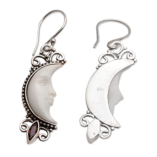 Novica Handmade Garnet And .925 Sterling Silver Crescent Moon Dangle Hook Earrings With Cowbone Natural Stone, Combination Finish, Natural Moonlight' #TOP2