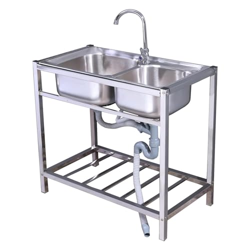 Évier de restaurant commercial, évier de cuisine commercial à double cuve en acier inoxydable sur pied avec robinet chaud et froid, lavabo utilitaire (argent, taille: 80x43x75 cm)