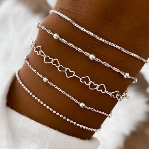 Silver Stackable Bracelets Set for Women,Dainty Gold Heart Chain Bracelet Pack Trendy Stack Link Bracelets,Boho Jewelry Accessories Gift for Lover2